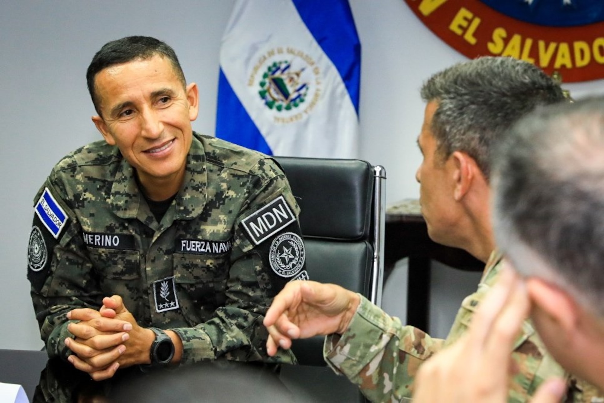 Salvadoran Defense Minister René Merino and NH Adjutant Gen. David Mikolaities discuss the future of the New Hampshire National Guard-El Salvador State Partnership Program during an office call May 25, 2022, in San Salvador, El Salvador. Photo courtesy of the Salvadoran Ministry of Defense.