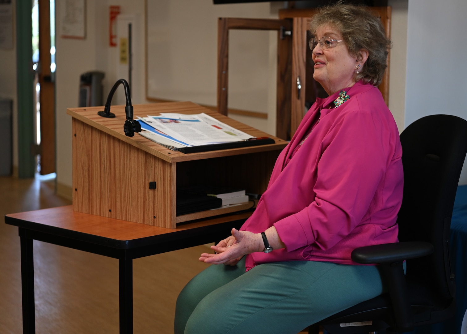 Judy M. Scott, Joint Base Lewis-McChord regional nurse care coordinator, speaks to parents during the developmental pediatrics workshop at Vandenberg Space Force Base, Calif., May 25, 2022. Scott talked about the programs that offer the most help to families with children that are autistic and have other special needs. Autism is neurodevelopmental disorder characterized by deficits in social communication and interaction, as well as restrictive, repetitive behaviors, interests and activities. Scott briefly shared her own personal experiences being a parent of a special needs child. (U.S. Space Force photo by Airman 1st Class Tiarra Sibley)