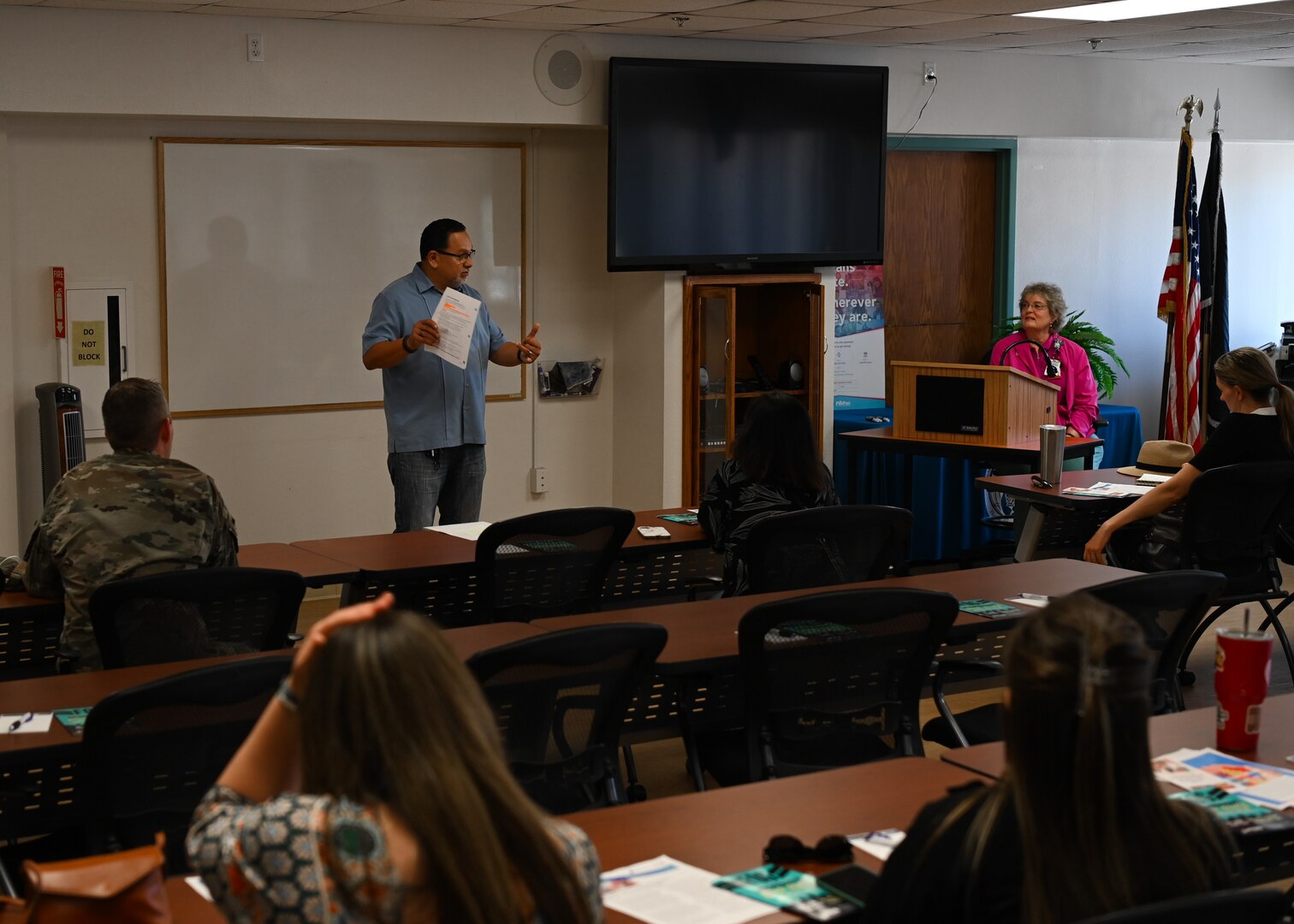 Raymond Vasquez, Airman Family and Readiness Center team lead, speaks to parents during the developmental pediatrics workshop at Vandenberg Space Force Base, Calif., May 25, 2022. Vasquez talked about the programs offered to parents who have children with autism. The earliest signs of autism includes lack of eye contact with other human faces and can be present before the age of one. (U.S. Space Force photo by Airman 1st Class Tiarra Sibley)