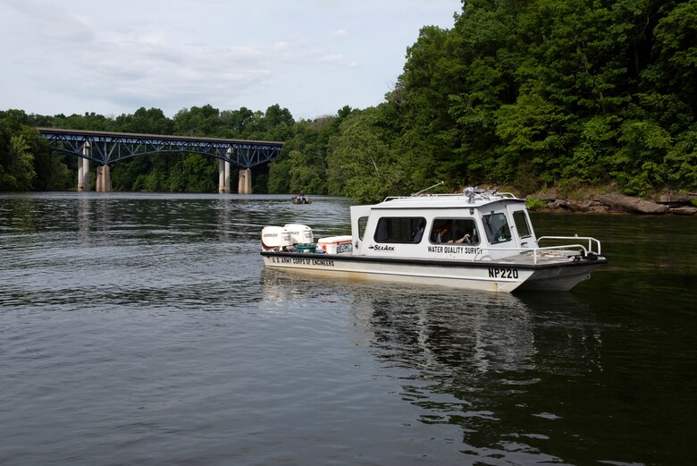The U.S. Army Corps of Engineers Nashville District’s Water Quality Survey vessel and team travels on Lake Cumberland in Kentucky May 25, 2022, to collect water samples. (USACE Photo by Lee Roberts)