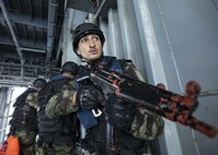 Moroccan sailors conduct a visit, board, search and seizure drill aboard the Lewis B. Puller-class expeditionary sea base USS Hershel "Woody" Williams (ESB 4) as part of exercise Phoenix Express 22, May 29, 2022. Phoenix Express 22, conducted by U.S. Naval Forces Africa, is a maritime exercise designed to improve cooperation among participating nations in order to increase maritime safety and security in the Mediterranean.