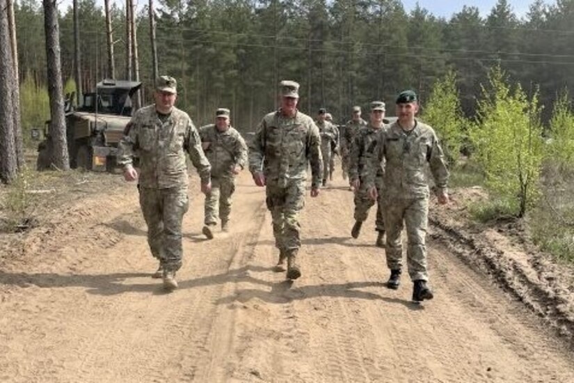 Pennsylvania Adjutant General Maj. Gen. Mark Schindler and Command Sgt. Maj. Jon Worley, senior enlisted leader, Pennsylvania National Guard, visit with senior Lithuanian leaders and Pennsylvania National Guard Soldiers deployed to Lithuania in support of Defender Europe 22 and NATO exercise Flaming Thunder on May 19, 2022.