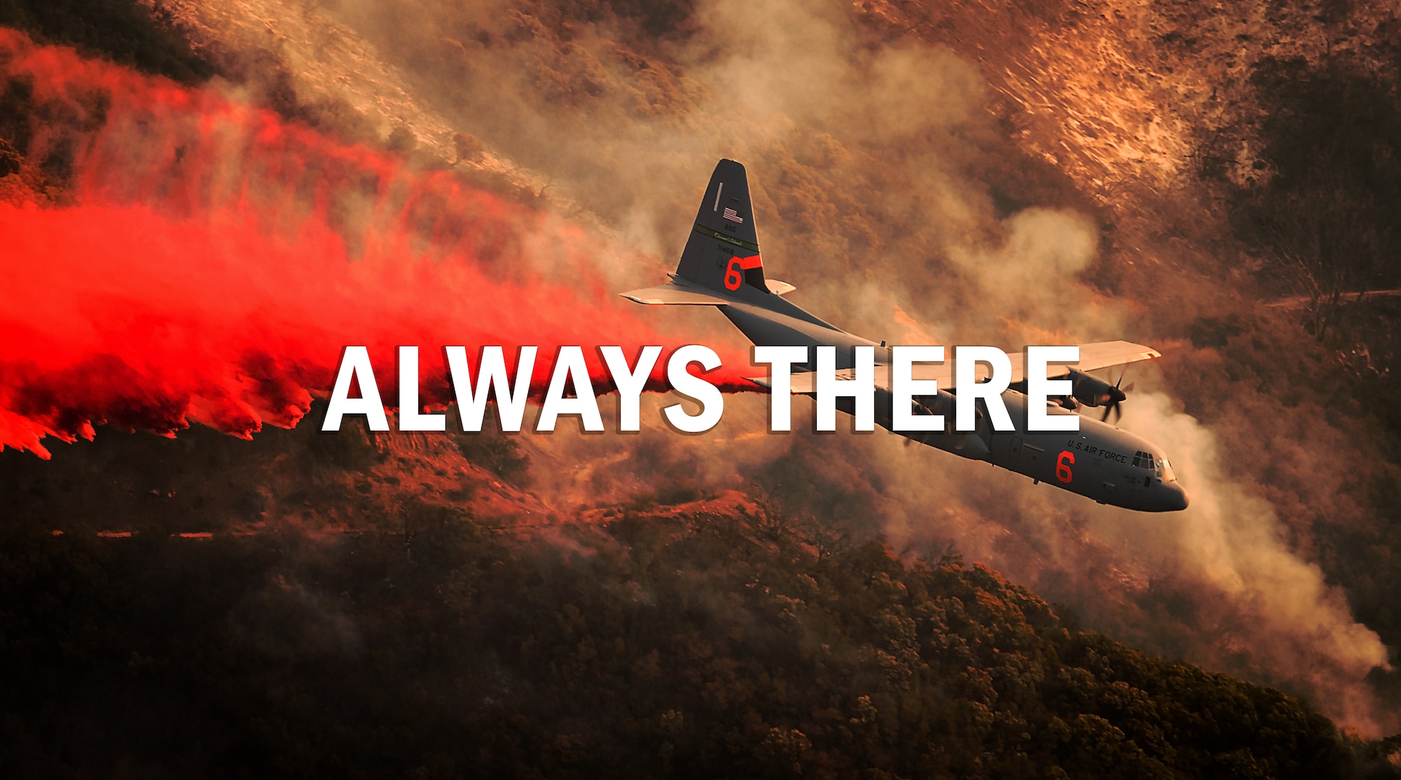 Photo illustration of A C-130J Hercules assigned to the 146th Airlift Wing based at Channel Islands Air National Guard Base in Port Hueneme, Calif., which is carrying the Modular Airborne FireFighting System, drops fire retardant chemicals onto a ridge line above Santa Barbara, Calif., on Dec. 13, 2017, as part of the effort to contain the Thomas wildfire. (U.S. Air Force photo by J.M. Eddins Jr./ Photo Illustration by MSgt Nieko Carzis)