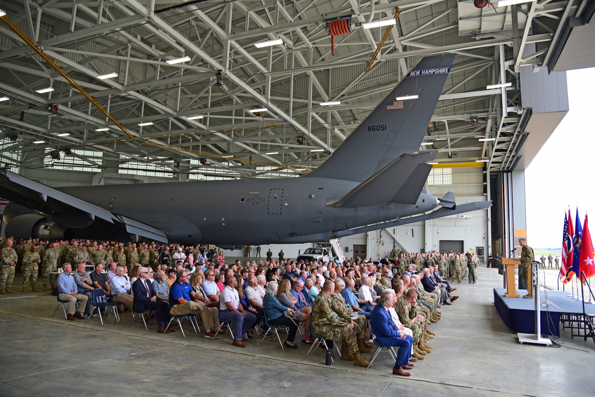 Leaders of the Tennessee National Guard and 134th Air Refueling Wing conduct a ribbon cutting ceremony in a newly constructed hanger on McGhee Tyson Air National Guard Base, Tennessee, June 2, 2022. The new hangar will house the units KC-135 Stratotankers and can also accommodate larger aircraft such as the KC-46 Pegasus. U.S. Air National Guard photo by Senior Master Sgt. Kendra Owenby.