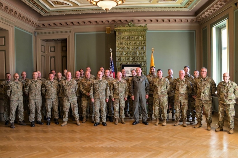 Pennsylvania Air National Guard senior leaders and Lithuanian Air Force leaders pose for a photo May 23, 2022, at Lithuanian Air Force headquarters in Kaunas, Lithuania.