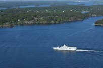 The Swedish Visby-class corvette HSwMS Nyköping (K34) departs Stockholm, June 5, 2022, to participate in exercise BALTOPS22.