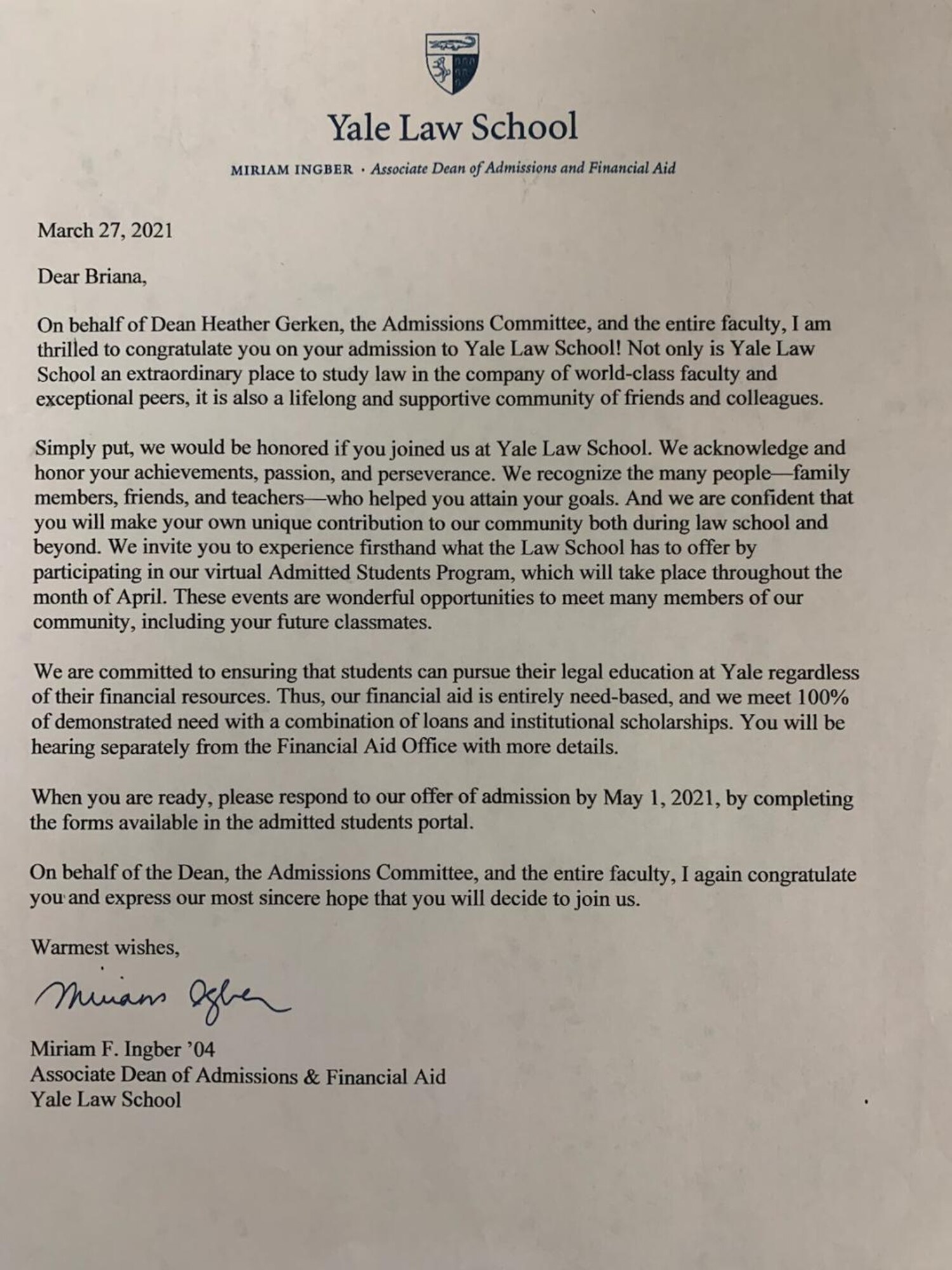Yale admission letter welcomes Maj. Brianna Taylor to the school