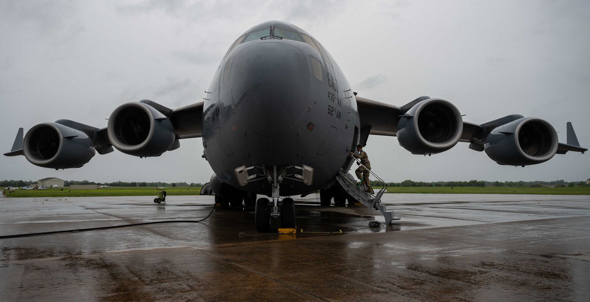 A C-17 Globemaster III is prepared for a local training mission at Dover Air Force Base, Delaware, May 24, 2022. Dover AFB C-17s are maintained by the 736th Aircraft Maintenance Squadron and operated by the 3rd and 326th Airlift Squadrons. (U.S. Air Force photo by Senior Airman Faith Schaefer)