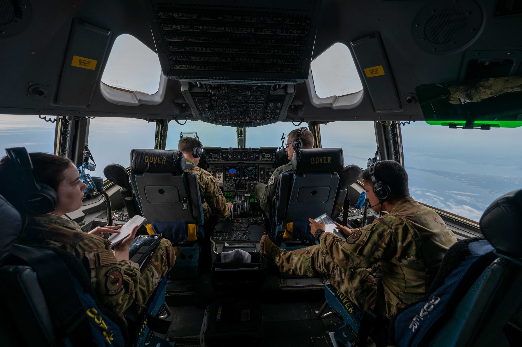 Pilots from the 3rd Airlift Squadron fly during a local training mission aboard a Dover Air Force Base C-17 Globemaster III, May 24, 2022. The 3rd AS regularly trains to provide global reach and support global engagement with time-critical theater assets. (U.S. Air Force photo by Senior Airman Faith Schaefer)