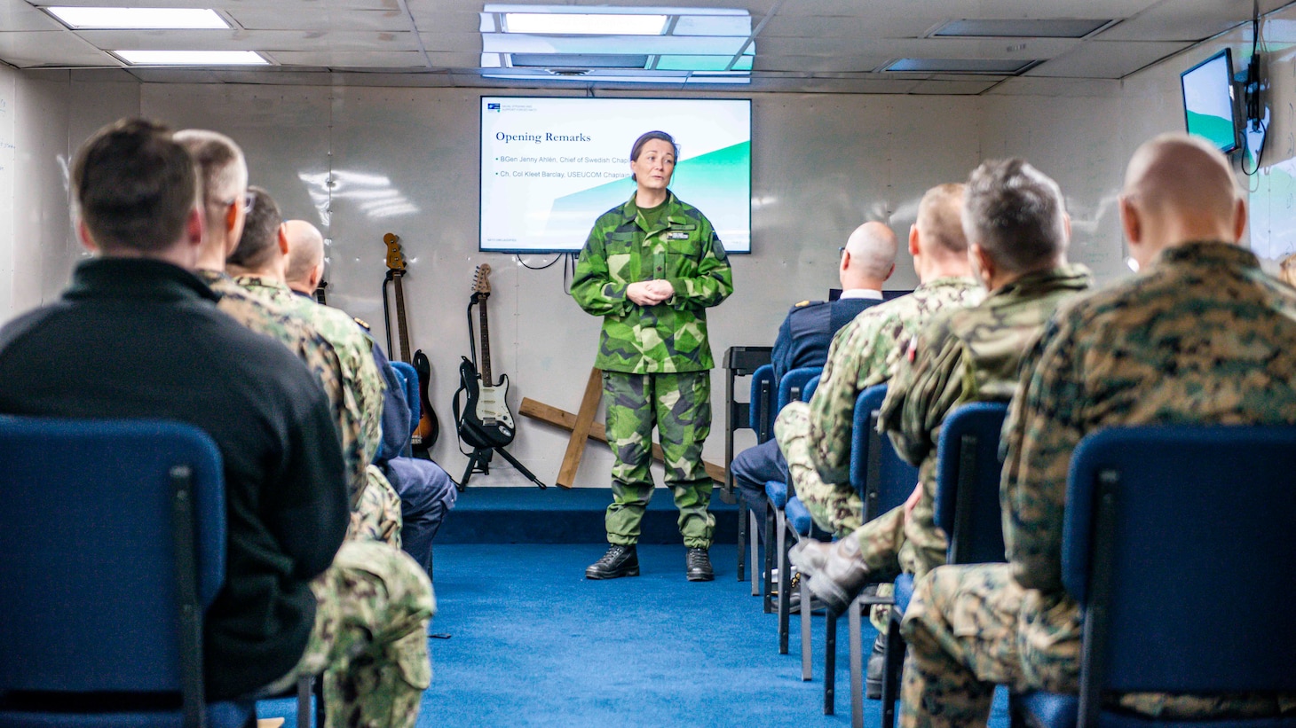 Brig. Gen. Jenny Ahlén, Swedish Chief of Chaplains, delivers remarks during the Religious and Spiritual Support Interoperability Initiative Pre-Sail Conference aboard the Blue Ridge-class command-and-control ship USS Mount Whitney (LCC 20) in preparation for exercise BAPTOPS 22.
