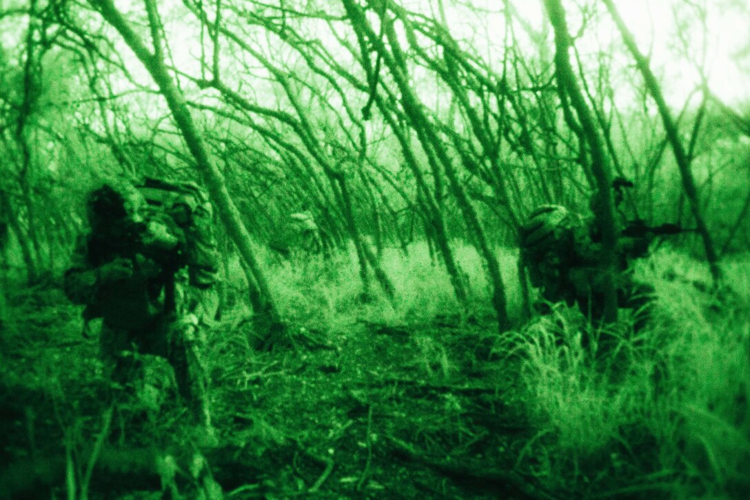 Marines aim weapons in the woods as seen through night vision goggles.