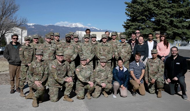 Students of the Army Ground-based Missile Defense Staff Course gather at the end of the course on April 15, 2022, in Colorado Springs, Colorado. This class of students is the largest class the Space and Missile Defense Center of Excellence has taught to date. (U.S. Army photo by Sgt. Taylor Lakey-Tamacori)