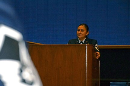 Chief Master Sgt. Cynthia Villa, 4th Air Force command chief, speaks to a group of new master sergeants at the 433rd AW Senior Noncommissioned Officer Induction Ceremony at Joint Base San Antonio-Lackland, Texas, June 4, 2022. Part of Villa’s message to inductees was to stay humble in their new role and take care of the Airmen under them. (U.S. Air Force photo by Tech. Sgt. Mike Lahrman)