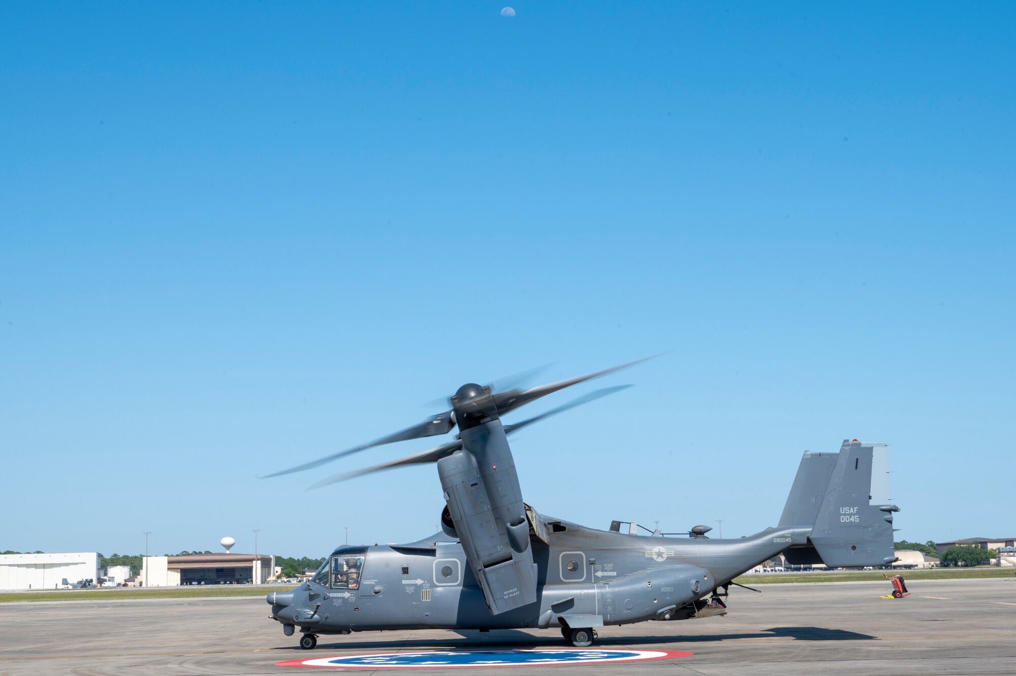 U.S. Air Force Lt. Gen. Brad Webb, commander of Air Education and Training Command, takes off from flight line in a CV-22 Osprey assigned to the 8th Special Operations Squadron, May 10, 2022, at Hurlburt Field, Fla.