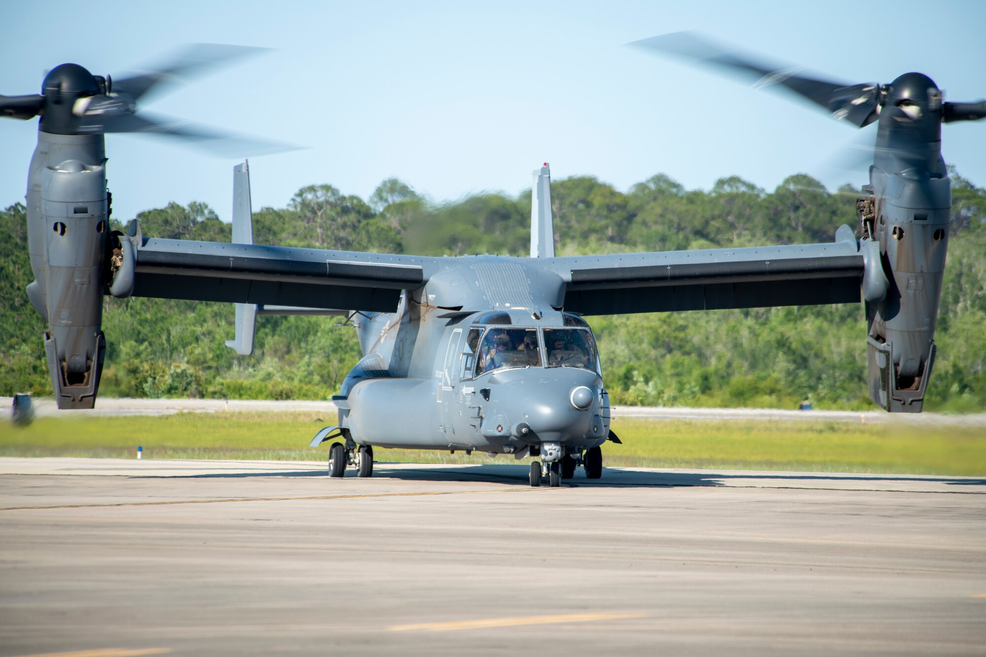 A CV-22 Osprey piloted by U.S. Air Force Lt. Gen. Brad Webb, commander of Air Education and Training Command, taxis on the flight line May 10, 2022, at Hurlburt Field, Fla.