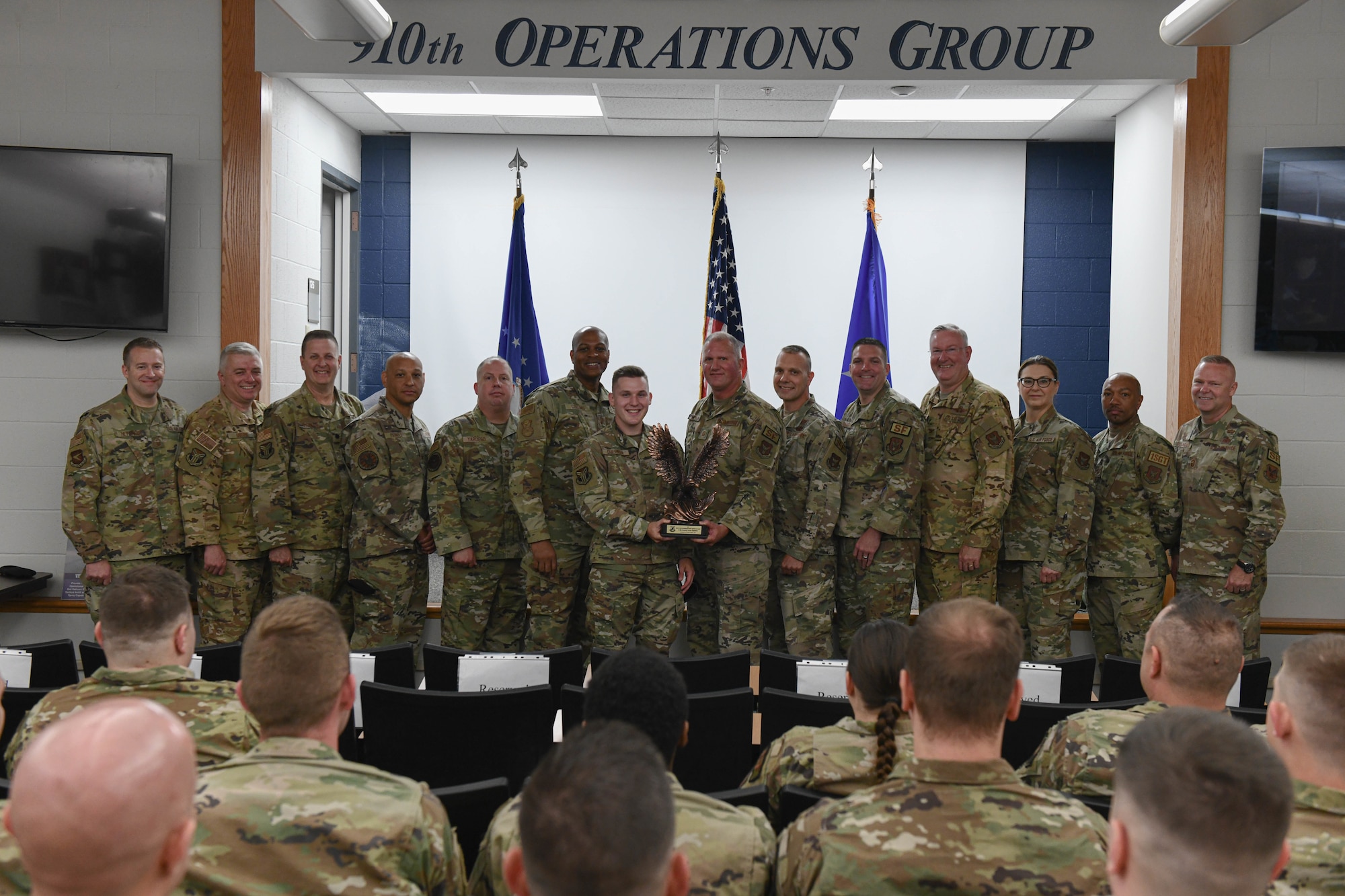 Brig. Gen. Roy W. Collins, director of security forces, Headquarters U.S. Air Force, visited the 910th SFS during the June UTA to present a trophy commemorating the unit being named the security forces outstanding Air Reserve component of the year for 2021 and observe the unit’s operations.