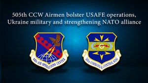 Alt caption: graphic with 603rd Air Operations Center and 505th Command and Control Wing emblems on a blue background with the article title “505th CCW Airmen bolster USAFE operations, Ukraine military and strengthening NATO alliance”