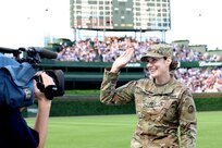 Capt. Diane Torbeck receives a military recognition during the second inning of the Chicago Cubs home game against the Milwaukee Brewers on May 31, 2022.