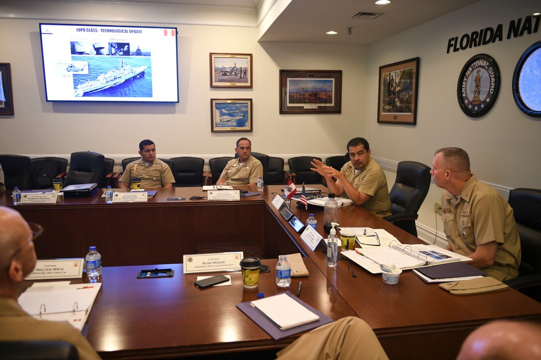 Peruvian navy Rear Adm. Oscar Torrico, Deputy Chief of Naval General Staff, discusses maritime mission objectives at the 28th annual Maritime Staff Talks (MST), June 1, 2022. MSTs support the U.S. maritime strategy by building and strengthening working relationships with U.S. and partner nations.