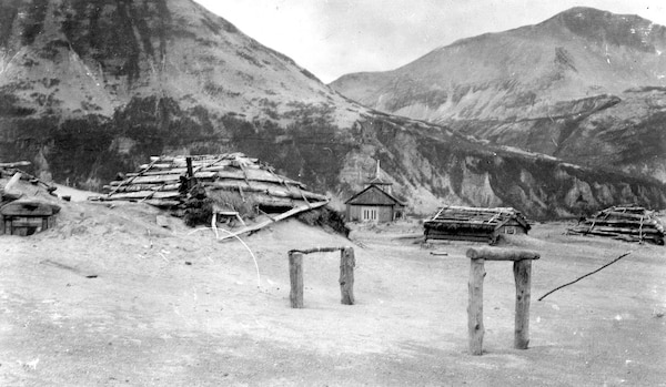 11.	Native Alaskan homes near Katmai Village, Alaska, buried in volcanic ash and dust, June 7, 1912. (USGS)