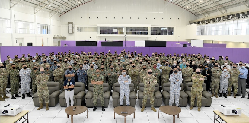 Participants in the eighth annual Bersama Warrior exercise pose for a photo during the opening ceremony in Kuantan, Malaysia, June 6, 2022. Bersama Warrior is an annual joint and bilateral exercise sponsored by U.S. Indo-Pacific Command and hosted by the Malaysian Armed Forces.