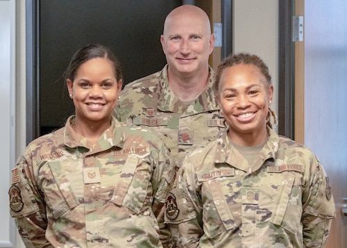 Maj. Robert Bruce, 349th FSS commander (center) Tech. Sgt. Siera Watkins, 349th FSS noncommissioned officer in charge of readiness (left) and Senior Master Sgt. Shakela Matthews, 349th FSS sustainment superintendent, are a few of the key team members who improved the squadron's readiness process.