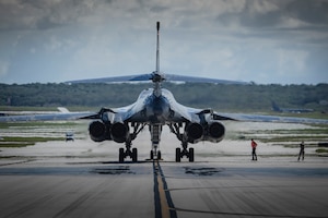 A U.S. Air Force B-1B Lancer, assigned to the 34th Bomb Squadron, Ellsworth Air Force Base, prepares to land at Andersen Air Force Base, Guam, for a Bomber Task Force mission June 2, 2022.