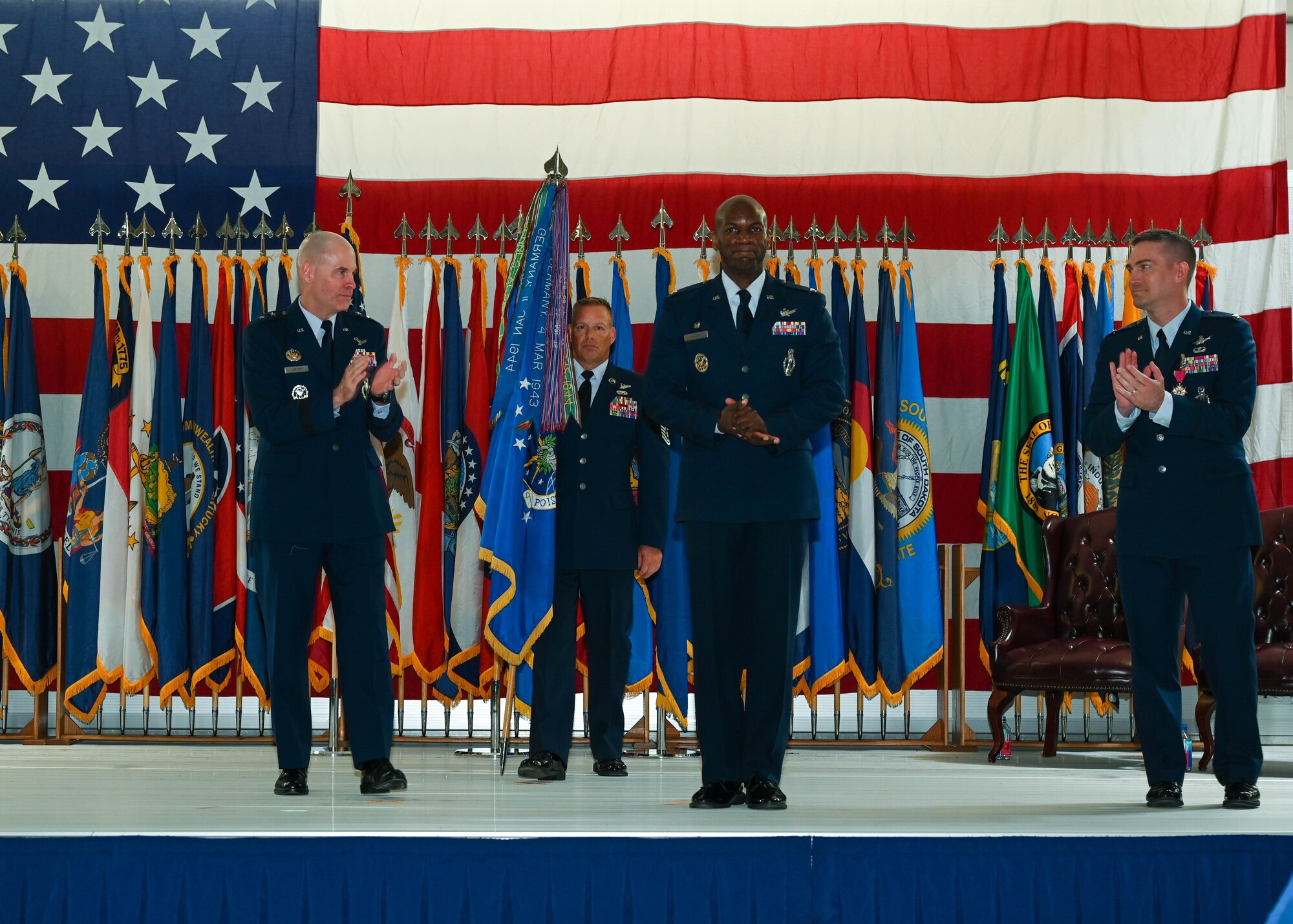 Col. Kenneth McGhee, incoming 91st Missile Wing commander, takes command of the 91st Missile Wing at Minot Air Force Base, North Dakota, June 06, 2022. Consisting of three groups, the 91st Operations Group, 91st Maintenance Group and 91st Security Forces Group, the 91st Missile Wing has approximately 1,800 professionals working together to keep Minuteman missiles on alert. (U.S. Air Force photo by Airman 1st Class Evan J. Lichtenhan)