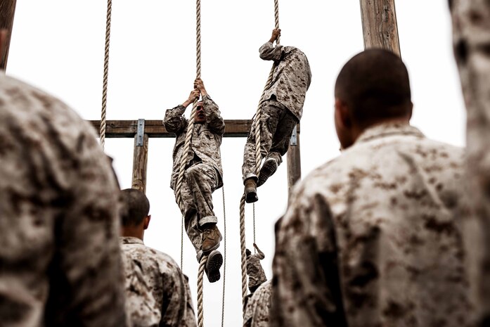 U.S. Marine Corps Recruits with Delta Company, First Recruit Training Battalion, climb a rope obstacle during an Obstacle Course event at Marine Corps Recruit Depot San Diego,