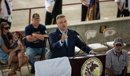 Retired Maj. Gen. Johnny Miller, from Tamms, Illinois, who served as Romines’ battalion commander on June 6, 2005, talks about how June 6, 2005 was one of the hardest days in his 32-year military career, during the Sgt. Brian Romines Memorial Highway dedication ceremony June 6 in Anna, Illinois.