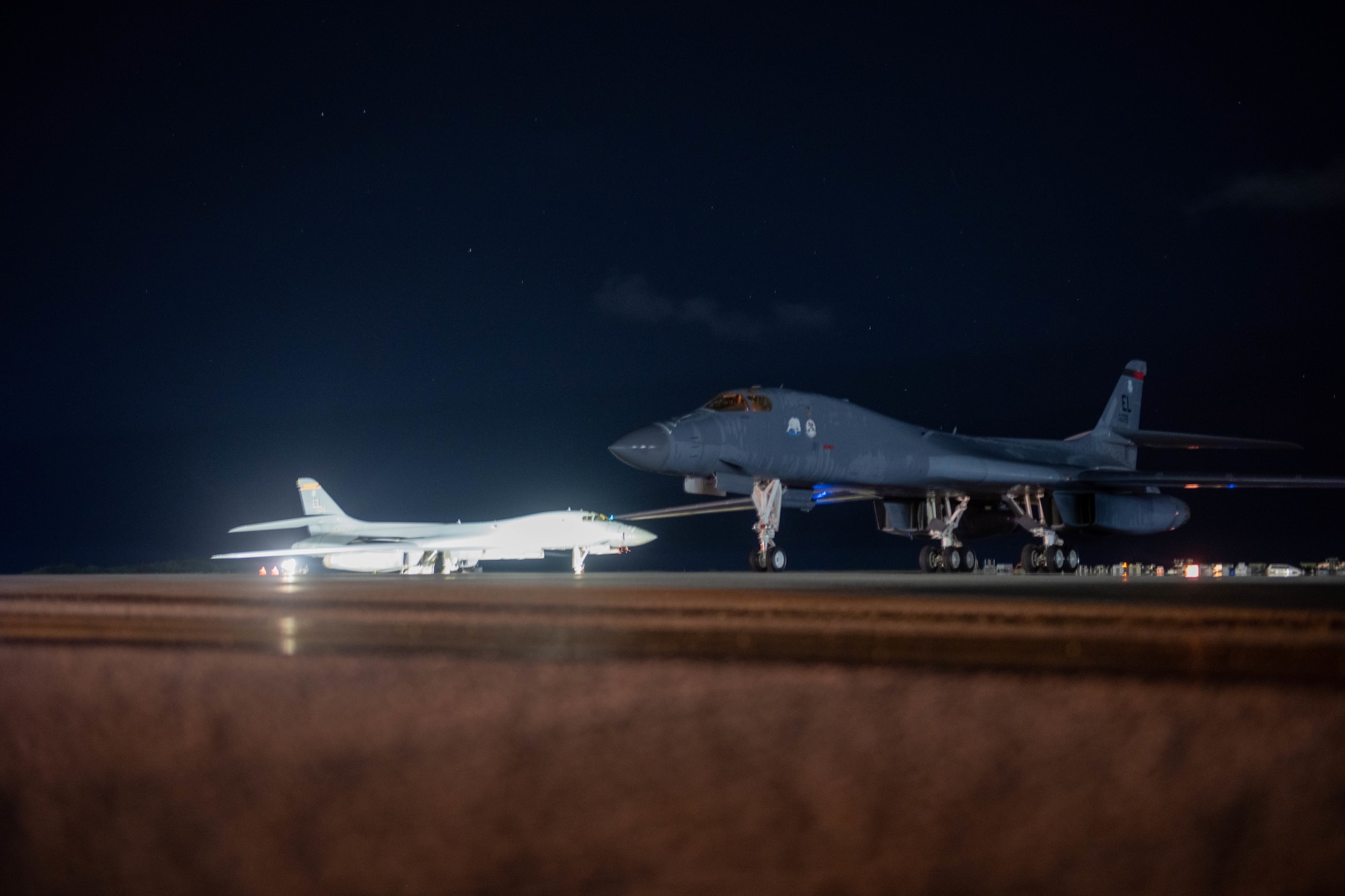 A U.S. Air Force B-1B Lancer, assigned to the 34th Bomb Squadron, Ellsworth Air Force Base, taxis on Andersen Air Force Base, Guam, after arriving for a Bomber Task Force mission June 3, 2022.