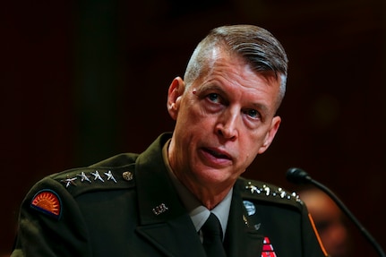 Army Gen. Daniel Hokanson, chief, National Guard Bureau, testifies before the Senate Appropriations Committee, Subcommittee on Defense, during the National Guard and Reserve posture hearing in the Dirksen Senate Office Building on Capitol Hill in Washington June 7, 2022.