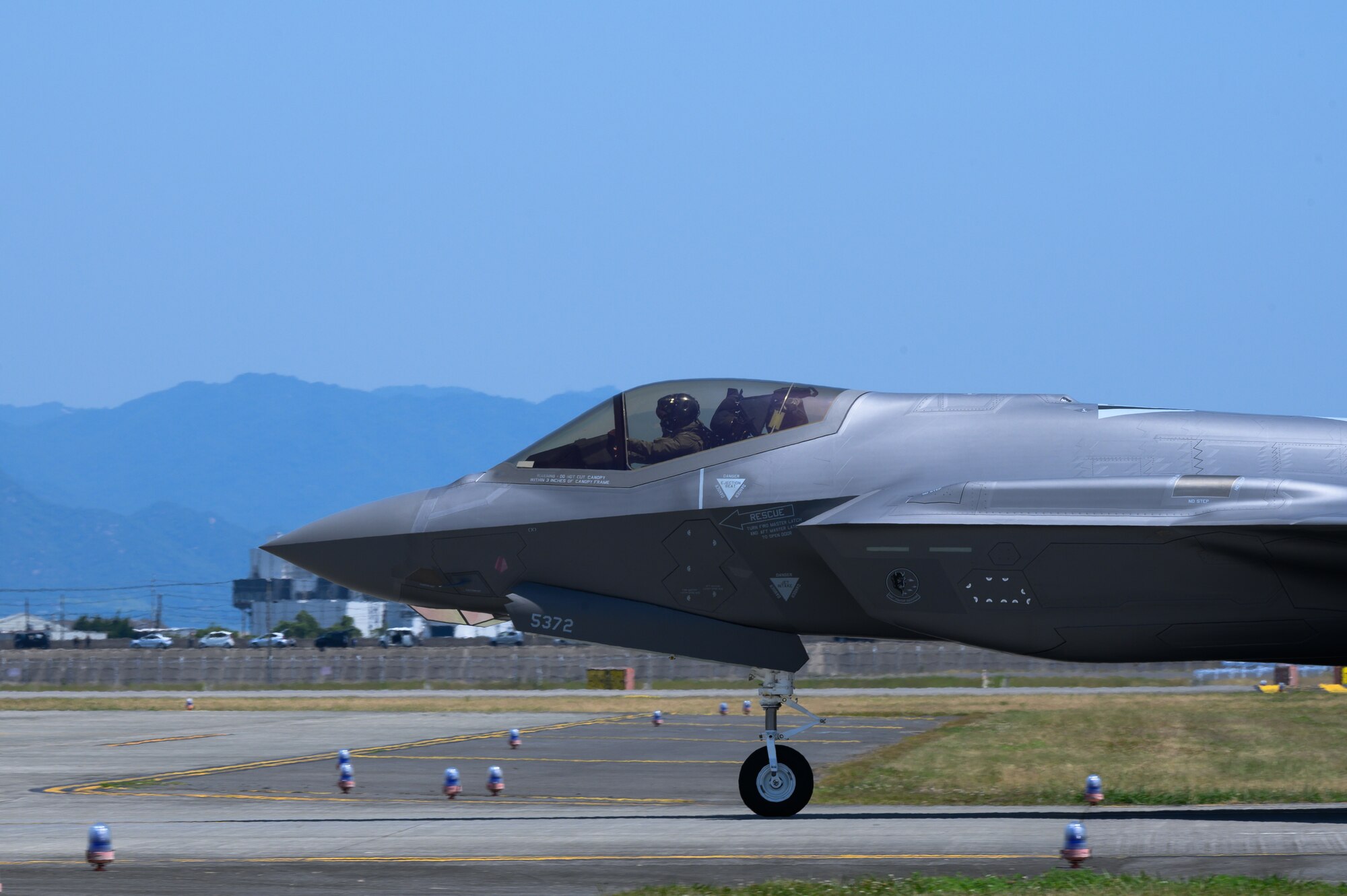 A U.S. Air Force F-35A Lightning II assigned to the 356th Expeditionary Fighter Squadron, 354th Air Expeditionary Wing taxis on the runway upon arrival at Marine Corps Air Station Iwakuni, Japan, for Agile Combat Employment training, June 4, 2022. Initiatives like ACE underscore the investment, interoperability and access required to strengthen force posture. (U.S. Air Force photo by Senior Airman Jose Miguel T. Tamondong)