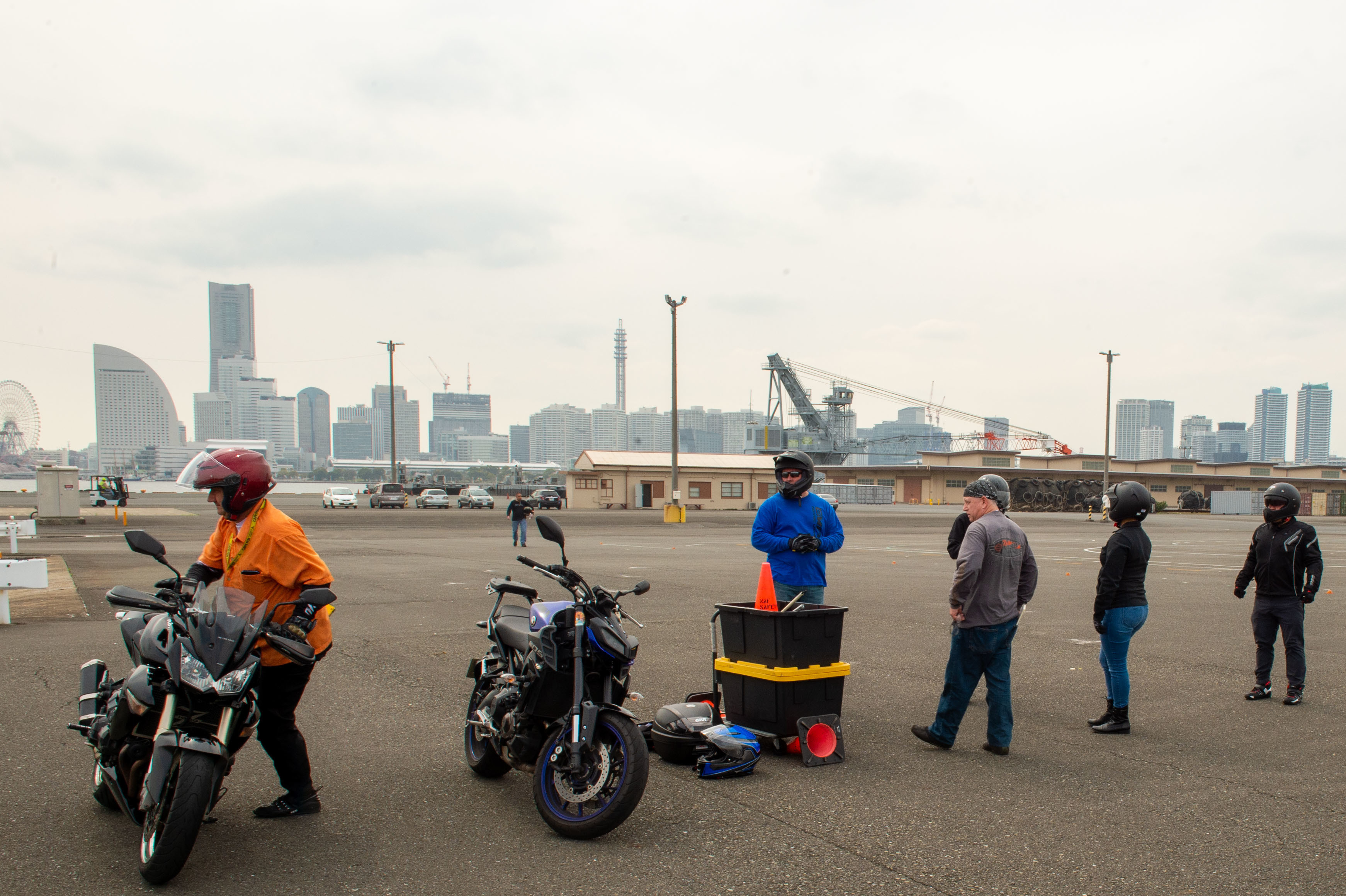 Douglas Knight, the regional traffic safety officer for Navy Region Japan, teaches a Basic Rider's Course (BRC) for motorcycle safety at Yokohama, North Dock.
