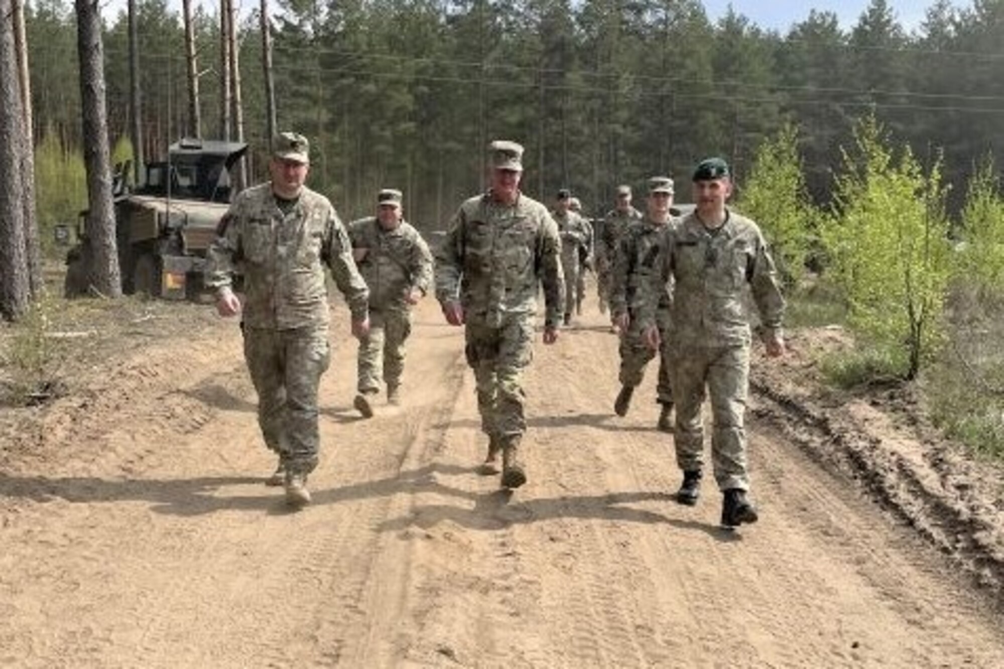 Maj. Gen. Mark Schindler, Pennsylvania adjutant general, and Command Sgt. Maj. Jon Worley, senior enlisted leader, Pennsylvania National Guard, visit with senior Lithuanian leaders and Pennsylvania National Guard Soldiers deployed to Lithuania in support of Defender Europe 22 and NATO exercise Flaming Thunder May 19, 2022.