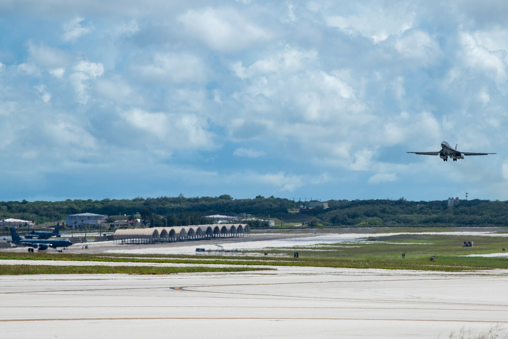A U.S. Air Force B-1B Lancer, assigned to the 34th Bomb Squadron, Ellsworth Air Force Base, prepares to land at Andersen Air Force Base, Guam, for a Bomber Task Force mission June 2, 2022.