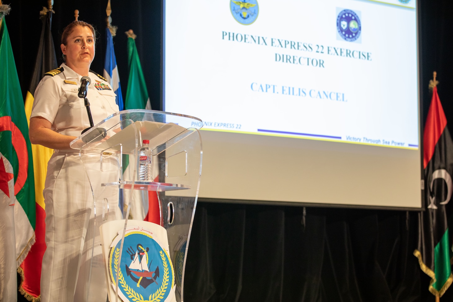 (June 3, 2022) Capt. Eilis Cancel, director, exercise Phoenix Express 2022 delivers remarks at the closing ceremony for exercise Phoenix Express 2022 in Tunis, Tunisia, June 3, 2022. Phoenix Express 22, conducted by U.S. Naval Forces Africa, is a maritime exercise designed to improve cooperation among participating nations in order to increase maritime safety and security in the Mediterranean.