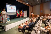 (June 3, 2022) Tunisian Navy Deputy Chief of Staff in Charge of Operations Commodore Mohamed Ben Jamaa delivers remarks at the closing ceremony for exercise Phoenix Express 2022 in Tunis, Tunisia, June 3, 2022. Phoenix Express 22, conducted by U.S. Naval Forces Africa, is a maritime exercise designed to improve cooperation among participating nations in order to increase maritime safety and security in the Mediterranean.
