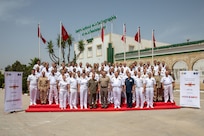 (June 3, 2022) Military members from the twelve nations that participated in exercise Phoenix Express 2022 pose for a group photo after the closing ceremony to mark the successful completion of the multinational maritime exercise in Tunis, Tunisia, June 3 2022. Phoenix Express 22, conducted by U.S. Naval Forces Africa, is a maritime exercise designed to improve cooperation among participating nations in order to increase maritime safety and security in the Mediterranean.