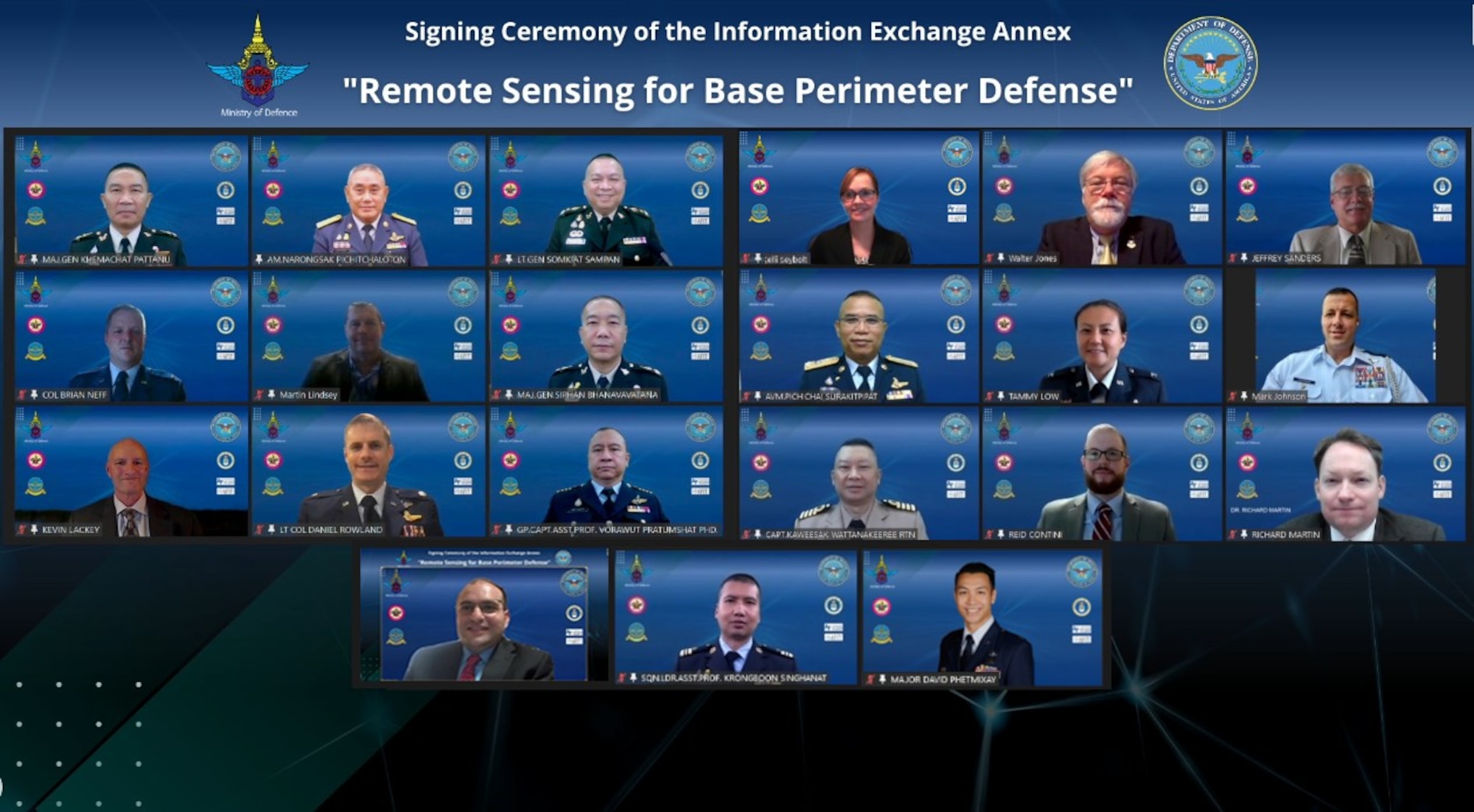 Kelli L. Seybolt and Lt. Gen. Somkiat Sampan signed the information exchange agreement during a virtual ceremony. Titled "Remote Sensing for Base Perimeter Defense," it is the first International Armaments Cooperation collaboration between the U.S. Department of Defense and Thai Ministry of Defence.
