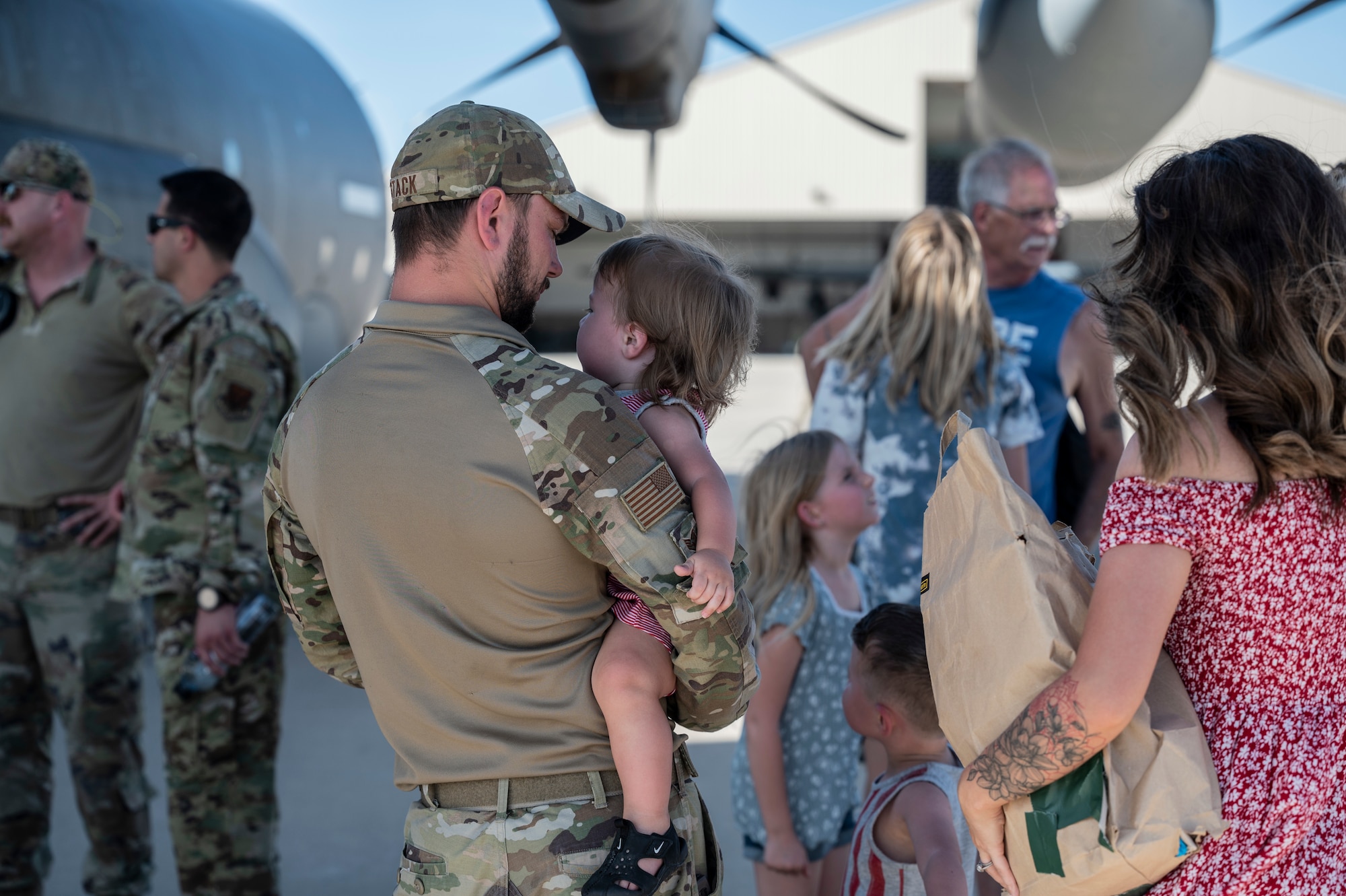 A photo of families reuniting.