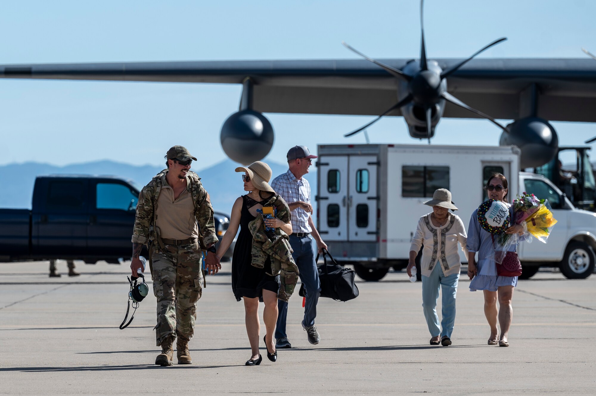 A photo of families reuniting.