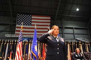 Col. Ariel G. Batungbacal, National Air and Space Intelligence Center commander, renders her “first salute” to the Airmen and Guardians assigned to the Center during a change of command ceremony at the National Museum of the United States Air Force, June 2, 2022. As the NASIC commander, she will manage an annual budget of more than 507 million dollars and lead nearly 4,100 personnel providing a broad range of integrated, tailored assessments, products and services to joint operational forces, national policymakers and the acquisition community. (U.S. Air Force photo by Senior Airman Kristof J. Rixmann)