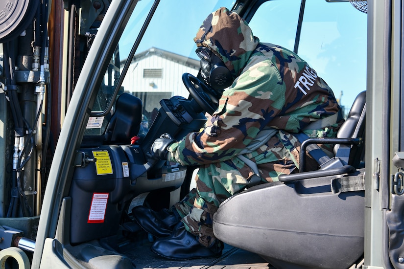 U.S. Air Force Airman 1st Class Ashlyn Martin, 628th Logistics Readiness Squadron Supply apprentice, performs a safety check during forklift training at Joint Base Charleston, South Carolina, June 2, 2022.