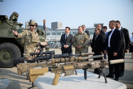 Volodymyr Zelenskyy, president of Ukraine, U.S. Army Maj. Gen. David Baldwin, adjutant general of the California National Guard, and California Lt. Gov. Eleni Kounalakis watch a demonstration of tactical equipment during a visit to the California Air National Guard’s 129th Rescue Wing at Moffett Air National Guard Base, California, Sept. 2, 2021. The California National Guard and Ukraine have been partners under the Department of Defense National Guard Bureau State Partnership Program since 1993.