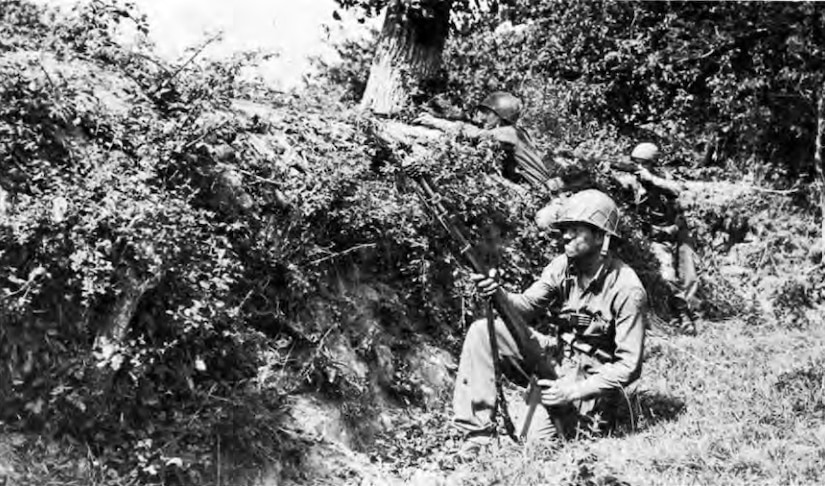 Three men with guns look over a hedgerow.