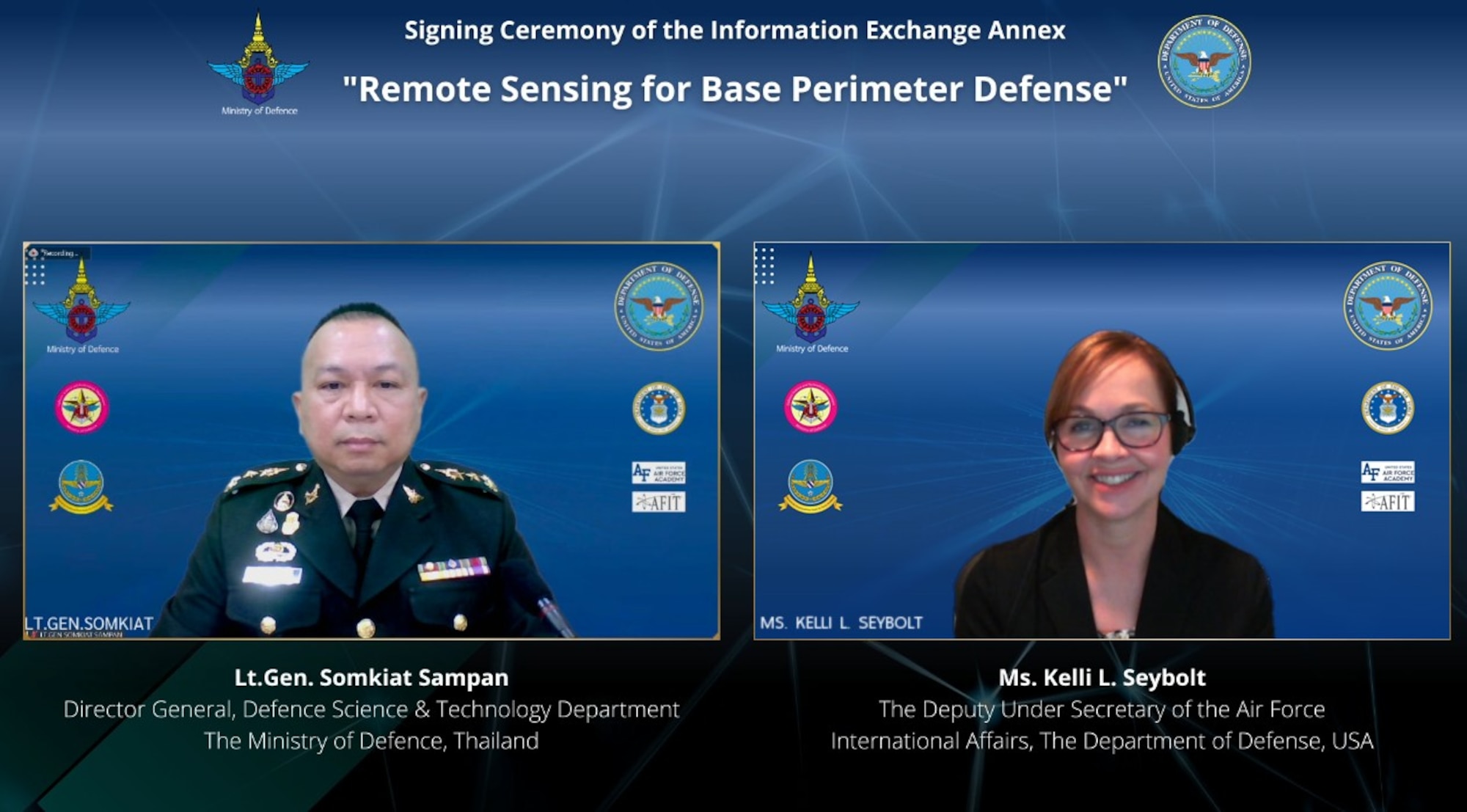 Kelli L. Seybolt and Lt. Gen. Somkiat Sampan signed the information exchange agreement during a virtual ceremony.