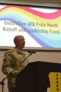 U.S. Air Force Col. Matthew Reilman, 17th Training Wing commander, speaks at the Pride Month Kickoff and Leadership Panel, Goodfellow Air Force Base, Texas, June 6, 2022. Reilman spoke of the importance in recognizing and supporting the LGBTQ+ community throughout the military. (U.S. Air Force photo by Senior Airman Ashley Thrash)