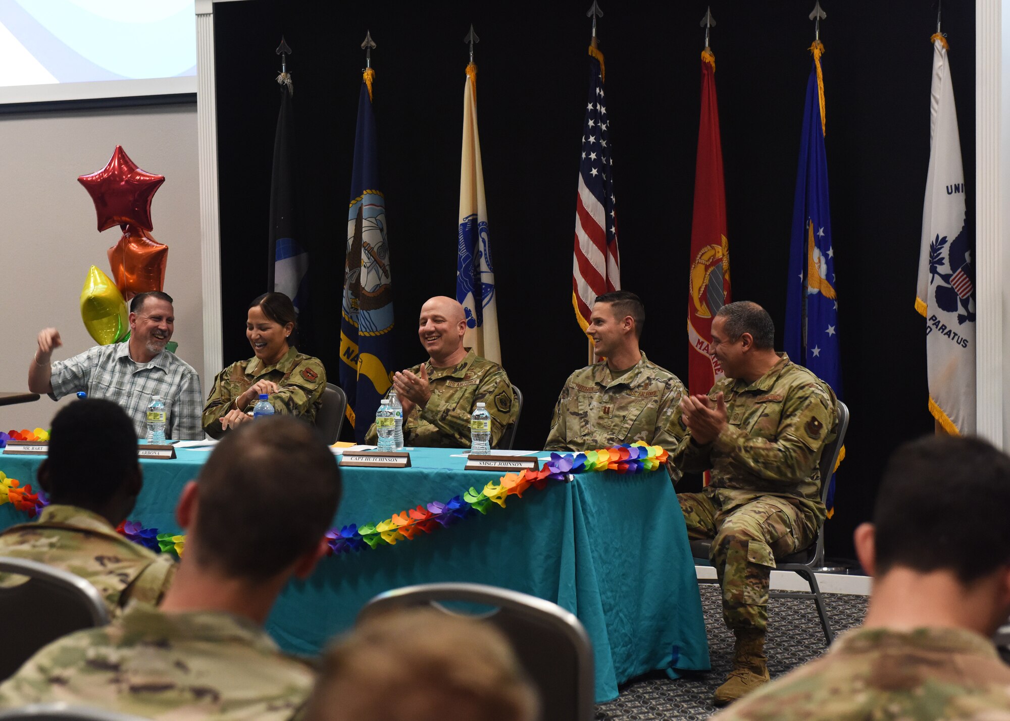17th Training Wing leaders share stories during the Pride Month Kickoff and Leadership Panel, Goodfellow Air Force Base, Texas, June 6, 2022. Pride Month is federally recognized and allows LGBTQ+ members to share experiences and come together as a community. (U.S. Air Force photo by Airman 1st Class Zachary Heimbuch)