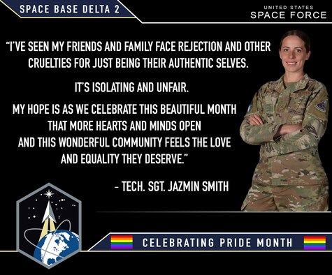 Tech. Sgt. Jazmin Smith, the Space Base Delta 2 NCO in charge of Command Information, shares her thoughts on what Pride Month means to her at Buckley Space Force Base, Colo., June 8, 2022.